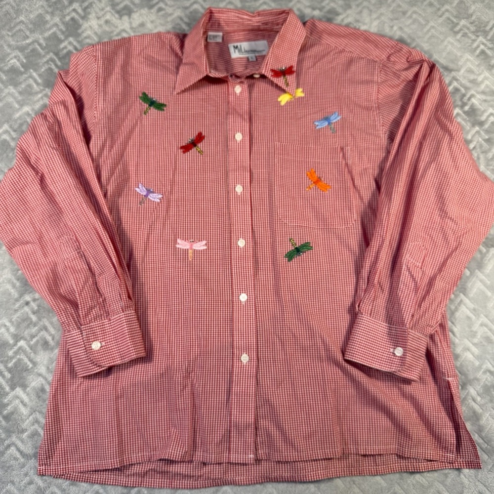 Vintage Red Gingham Blouse Shirt Dragonfly Appliqués With Rhinestones Size Large